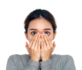 Surprised woman covering face portrait isolated on transparent background