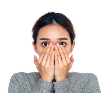 Surprised woman covering face portrait isolated on transparent background