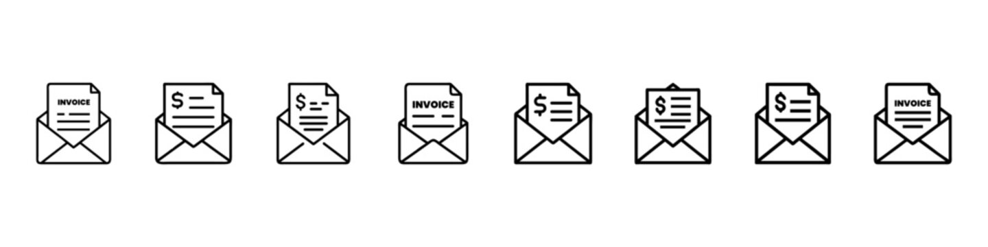 Billing and Invoice Email Line Icons, Invoice Email Line Icons Vector Set &ndash; Billing Statement, Payment Due Notification, e-Invoice, Payment Request, Online Billing, Finance and Accounting Symbols