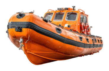 Rescue operations vessel maritime environment orange lifeboat isolated on transparent background