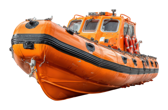 Rescue operations vessel maritime environment orange lifeboat isolated on transparent background