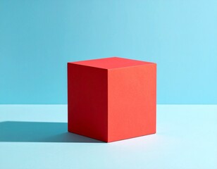 Vibrant red cube casting a sharp shadow on a minimalist blue background, symbolizing focus and simplicity.