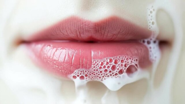 Macro Close-Up of Pink Lips with White Foamy Bubbles for Beauty Products in Ethereal Lighting on a Neutral Background Perfect for Beauty and Skincare Advertisement and Editorials