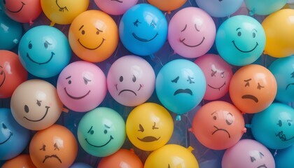Emotions Happiness and depression faces on balloons, purple background,