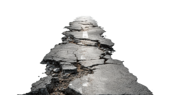 Earthquake damage cracked roadway urban environment view isolated on transparent background