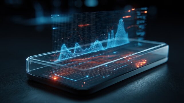 Futuristic Transparent Device Displaying Dynamic Blue Waveform Data Visualization. - Powered by Adobe