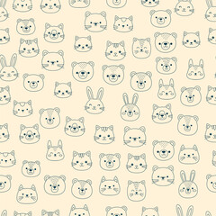 Obraz premium Animal Faces Outline Seamless Pattern with Cat, Dog, Bear and Rabbit Heads, Cute Cartoon Vector Background for Kids, Fabric and Wallpaper Design