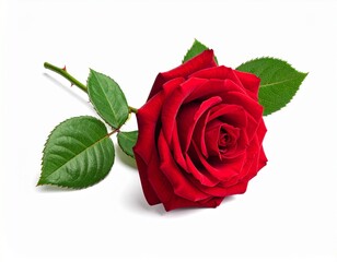 A single vibrant red rose with lush green leaves on a clean white background.