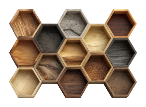 Wooden hexagon arrangement decorative neutral top view isolated on transparent background