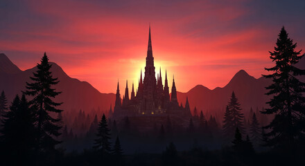 Epic fantasy landscape of a dark gothic castle silhouetted against a dramatic red sunset in the mountains