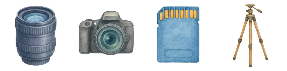 Watercolor style electronics gadgets including camera lens camera memory card and tripod perfect for cyber Monday festival sale