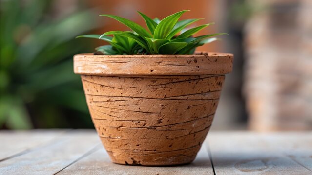 A small green plant in a textured terracotta pot, sitting on a wooden surface with a blurred green background.
