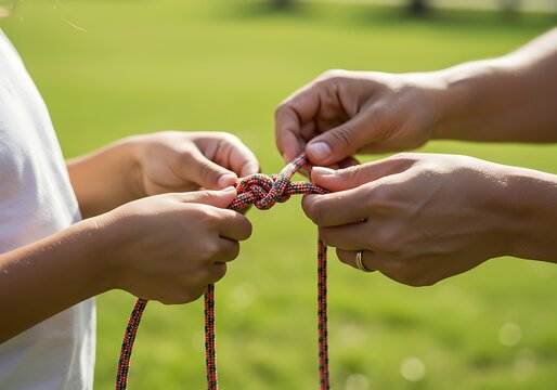 Hands tying a knot with rope against blurred green background
