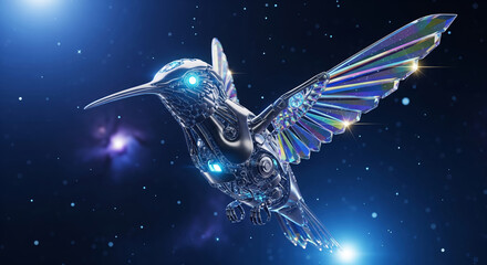 Futuristic robotic hummingbird with iridescent crystal wings and glowing blue eyes flying in a cosmic space, sci-fi 3d render