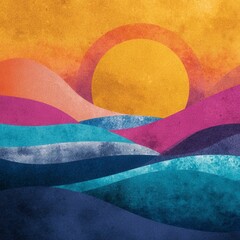 Vibrant Abstract Landscape with Sun and Waves