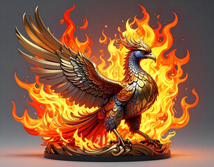 Fantasy Phoenix Bird with Flaming Wings in Fire Illustration