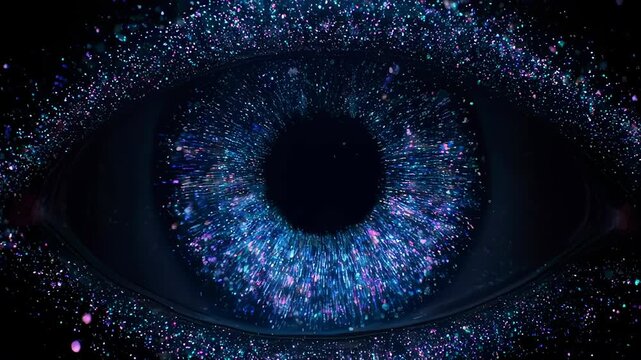 A detailed image of an eye with a cosmic iris made of shimmering particles on a dark background