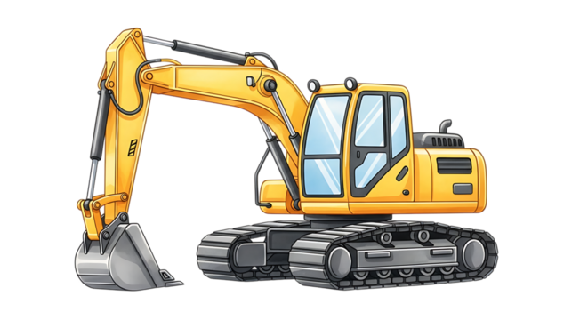 Ultra highresolution, professional studio photography of illustration of yellow excavator with black tracks and bucket, isolated on transparent background