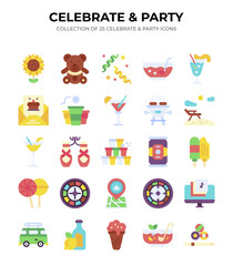 25 Celebrate & Party Icons. Festive. Colorful Flat Design Elements