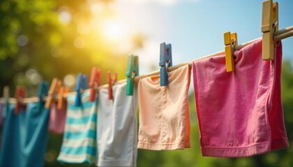 Sun-Drenched Laundry Hanging on Rustic Clothesline Idyllic SpringSummer Home Vibes