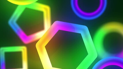 Dynamic neon shapes dancing in vibrant colors, creating a modern, energetic background for digital displays and futuristic designs, with a glowing effect