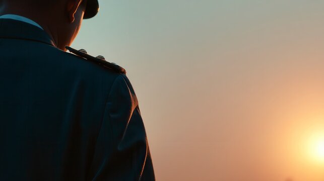 Contemplative person in uniform gazing at sunset horizon with shoulder epaulettes visible, atmospheric golden hour lighting creates peaceful outdoor moment, free copy space for text