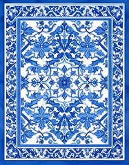 Ornate blue and white patterned rug