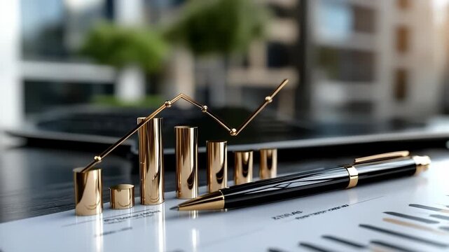 The animated golden chart showcases a strong upward trend for market investment and increased sales. The transaction analysis suggests positive growth in financial activities