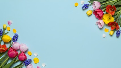 Colorful spring flower composition on blue background, decorative floral border