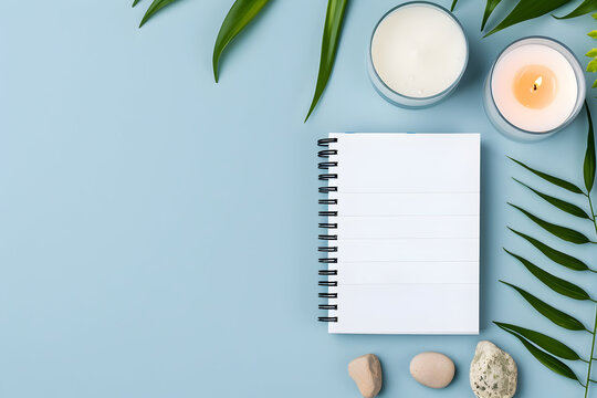 Create a calming spa scene with candles, leaves, and a blank notebook for wellness journaling or self-care planning on a serene blue backdrop
