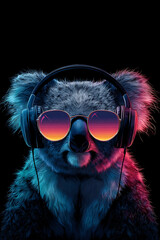 A vibrant koala wearing sunglasses and headphones, set against a dark background with colorful neon lights