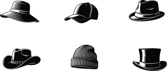 Hat illustration collection, fashion headwear design, vintage hat vector, cowboy hat drawing, baseball cap art, fedora style, beanie, top hat