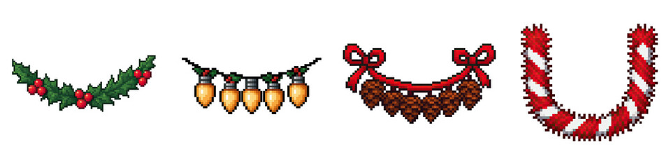 Christmas decor pixel art objects include holly berry garland pinecone string and candy cane with festive red and white colors