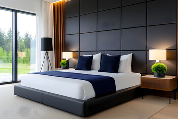 Experience luxurious relaxation in this stunning modern bedroom with a peaceful garden view, perfect for real estate marketing or home decor inspiration
