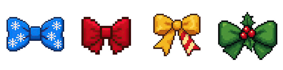 Christmas bow pixel art objects decor with festive colors and holiday cheer in pixel style for seasonal decoration