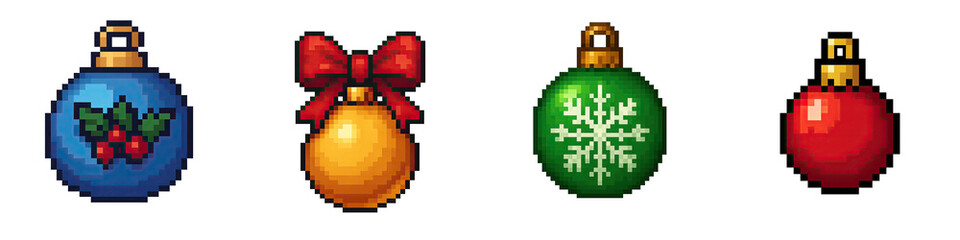 Christmas pixel art decor objects include baubles with holly, bow, and snowflake designs creating festive holiday cheer