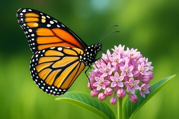 Obraz premium Monarch butterfly on pink milkweed flowers with green blurred background, symbolizing pollination and nature conservation concept. Ai generative