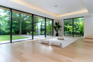 Find inner peace in this serene yoga studio with stunning garden views, perfect for mindfulness retreats and wellness promotions