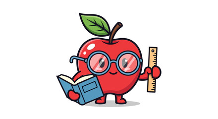 Cartoon apple teacher with glasses reading a book and holding a ruler illustration