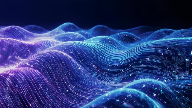 A digital landscape of flowing energy with wave-like forms and sparkling particles