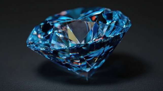 A close-up of a blue gemstone with intricate facets reflecting light against a dark background