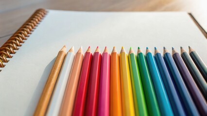 A colorful array of pencils is neatly aligned beside a blank sketchbook, showcasing vibrant hues ready for creative expression.