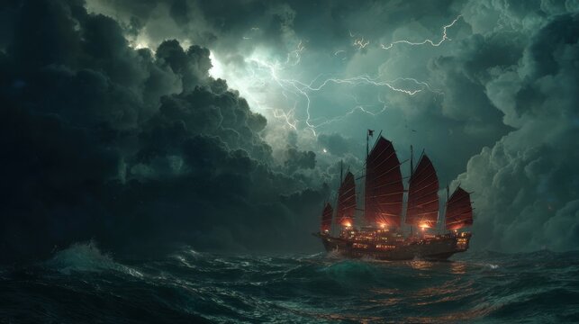 A sailing ship with illuminated sails navigates through a stormy sea under a lightning-filled sky