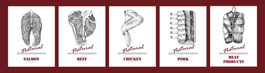 Cards with different types of fish and meat