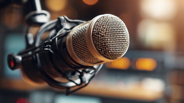 Close-up of a professional studio microphone with a pop filter, set against a blurred background of audio equipment.