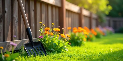 Metal Garden Rake Leaning Against Wooden Fence in Sunny Summer Garden, Lush Green Grass, Vibrant Wildflowers, Idyllic Gardening Scene