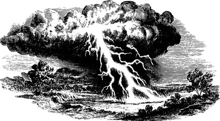 Lightning strikes during a storm. Hand-drawn outline with clouds and trees in a vintage style, showcasing natural scenery in a vector illustration set.