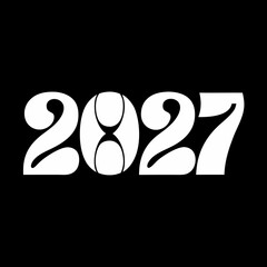 White 2027 numbers with a unique retro font featuring an hourglass-like zero on a black background year