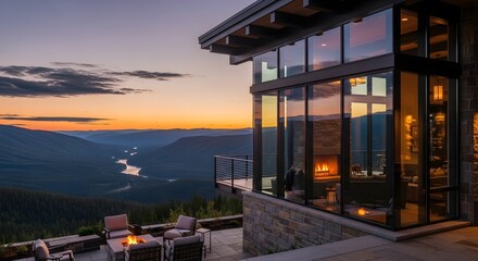 Fototapeta premium Modern mountain lodge with sunset views and outdoor seating