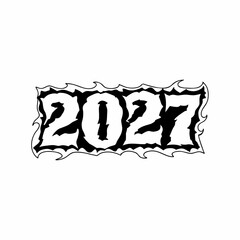 Black outlined numbers 2027 with white fill and flame-like border on white background year